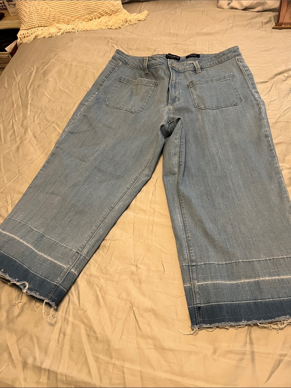Susan Graver Light Blue Wide-Leg Crop Jeans with Raw Hem